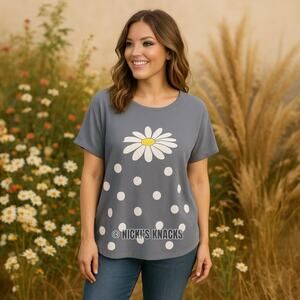 Misslook Gray Daisy Polka Dot T-Shirt Linen Cotton Blend Scoop Neck Top Size S